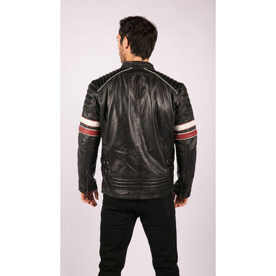 Men’s Black Leather Biker Jacket with Racing Stripes