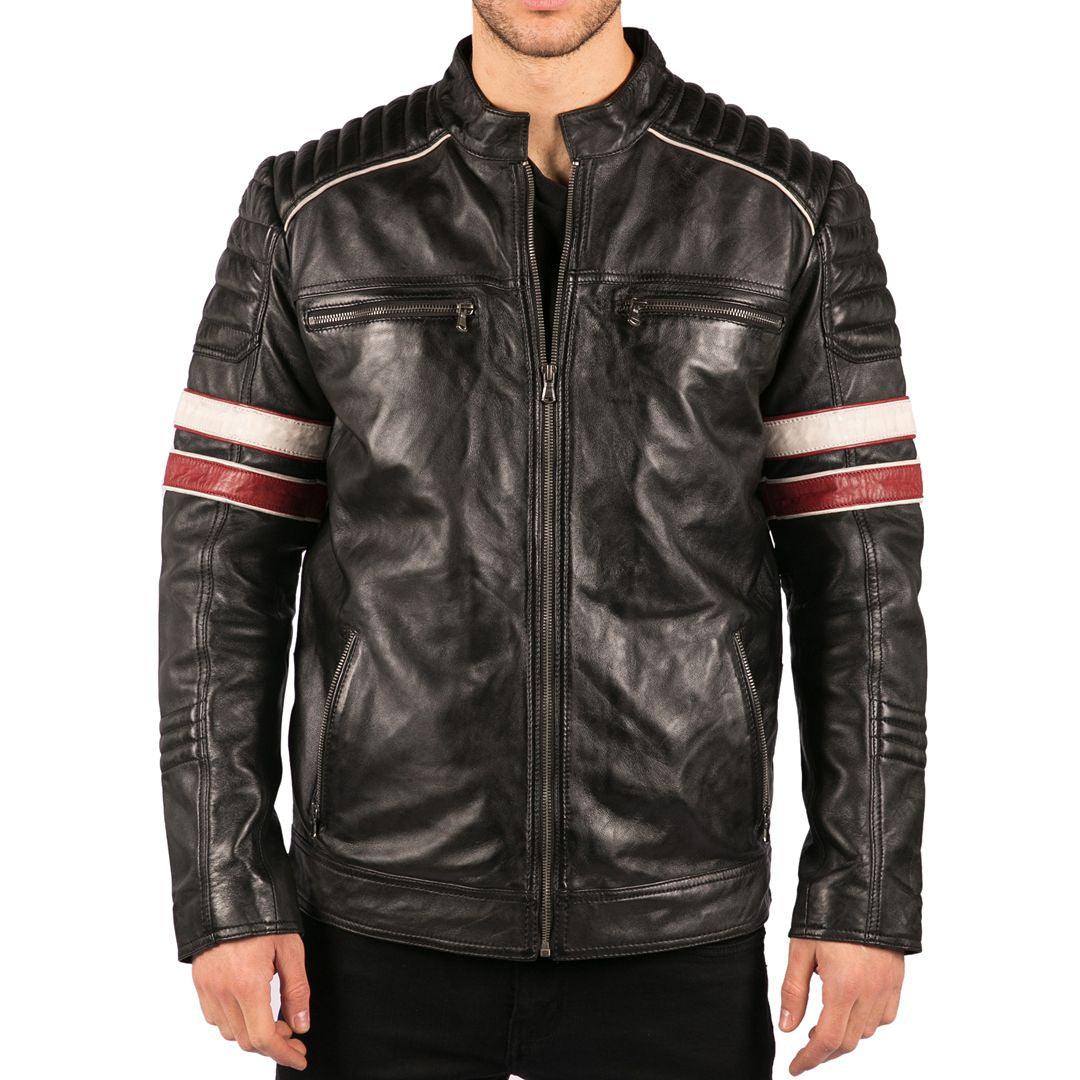 Men’s Black Leather Biker Jacket with Racing Stripes