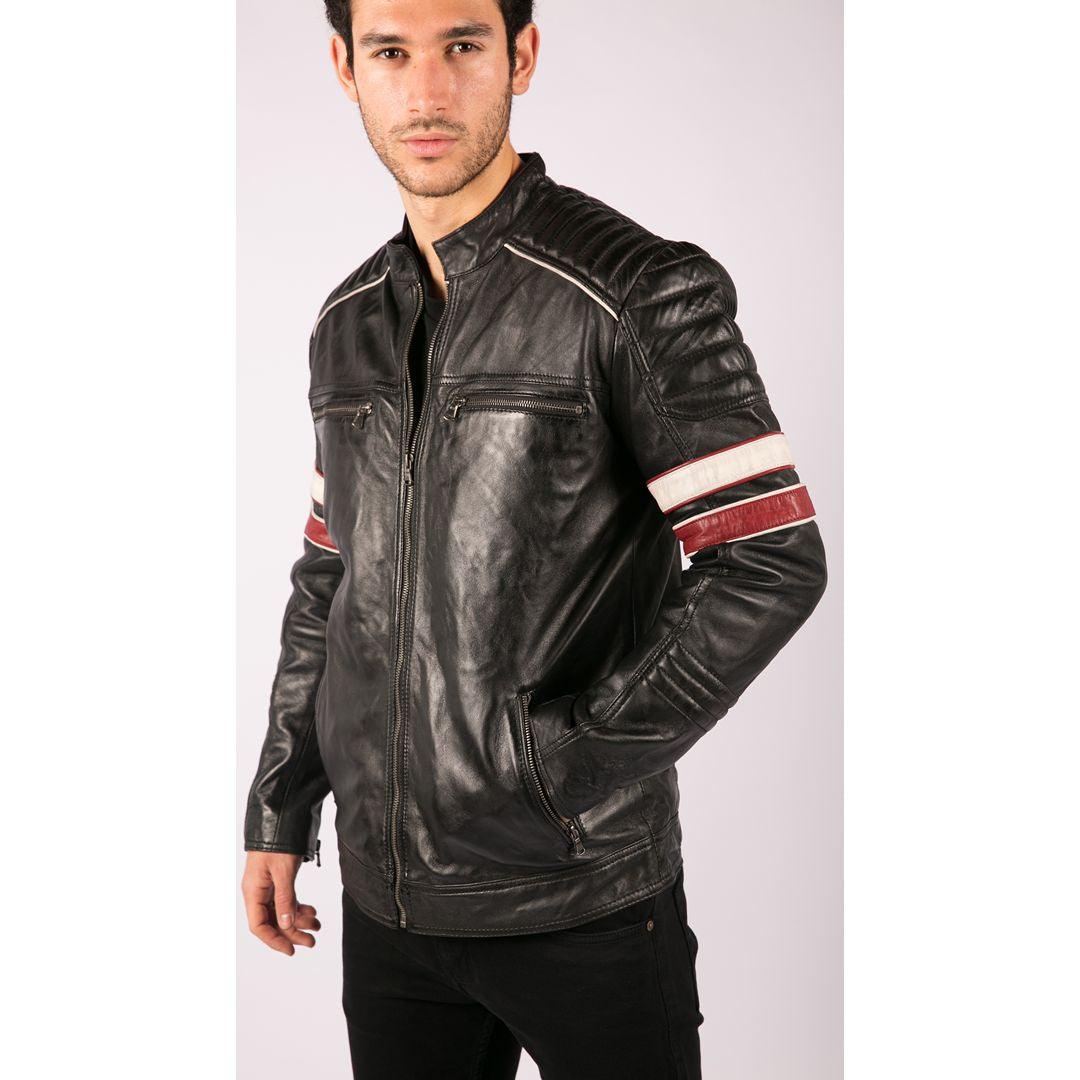 Men’s Black Leather Biker Jacket with Racing Stripes