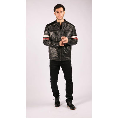 Men’s Black Leather Biker Jacket with Racing Stripes